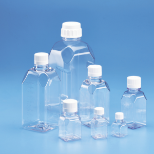 Sterile Square Graduated Media Bottle, PETG with white HDPE Closure